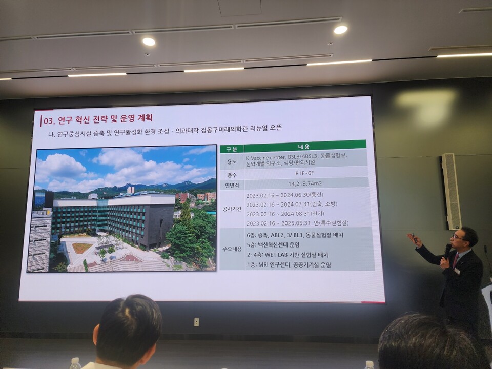 김학준 고대의료원 의학연구처장이 기자 간담회에서 미래 비전에 대해 설명하고 있다./이소영 기자