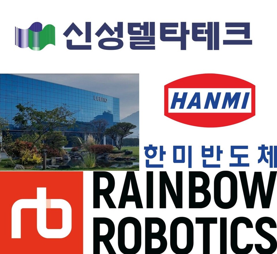 신성델타테크 CI(위), 리노공업 본사, 한미반도체, 레인보우로보틱스 CI / 사진=각 사 제공