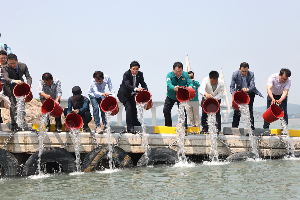 무안군은 28일 해제면 도리포항에서 감성돔 치어 22만 마리 방류 행사를 가졌다./사진=무안군
