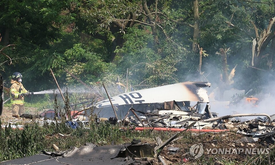 29일 오후 1시 50분께 경북 포항시 남구 동해면 신정리 한 야산에 해군 초계기가 추락한 가운데 소방관이 화재 진압을 하고 있다.  /연합뉴스