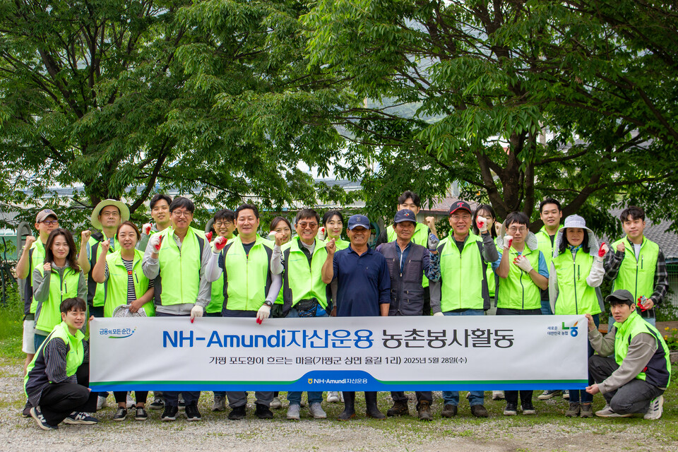 NH아문디자산운용은 농번기를 맞아 경기도 가평군에 있는 포도농가에서 농촌 일손 돕기 봉사활동을 진행했다. /사진=NH아문디자산운용 제공