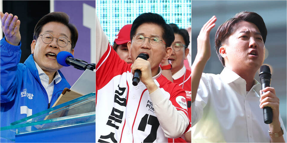 유세 중인 이재명, 김문수, 이준석 대선 후보(왼쪽부터). 연합