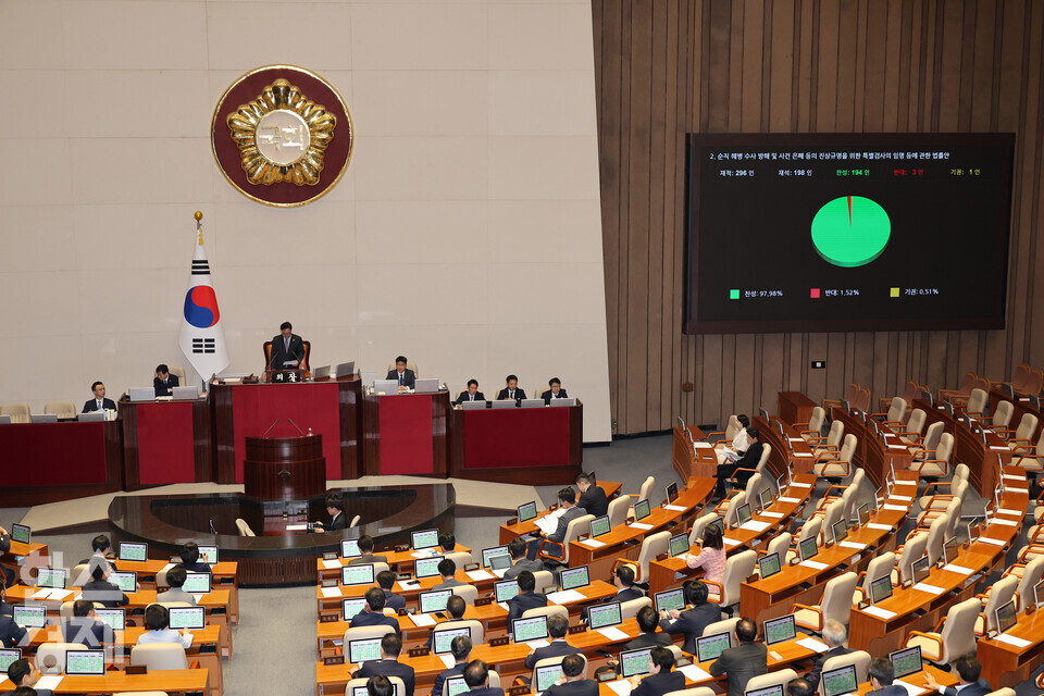 5일 국회 본회의에서 채해병 특검법이 통과되고 있다. 사진=연합뉴스