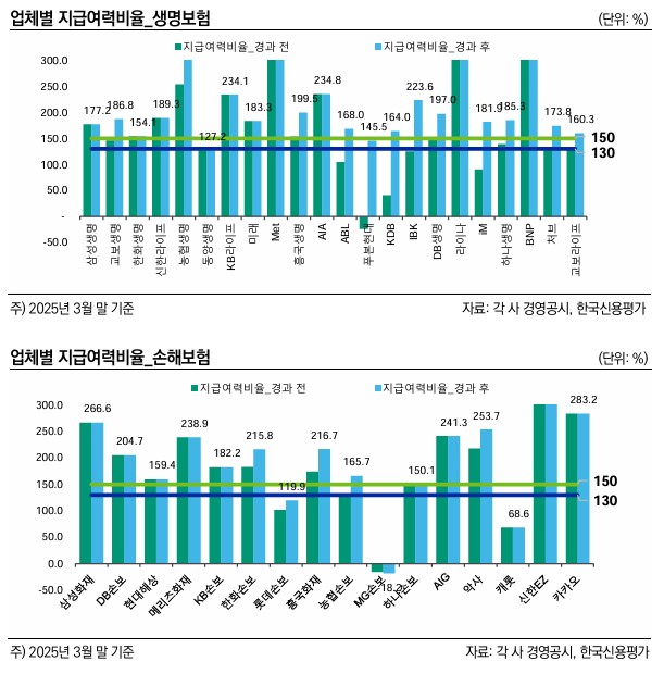 생명보험사, 손해보험사의 업체별 지급여력비율 / 사진=한국신용평가