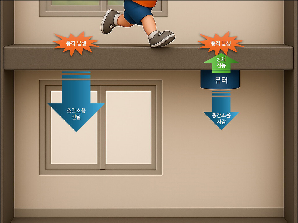 뮤터 적용 전 층간소음(왼쪽) 및 뮤터 적용 후 층간소음(오른쪽) 원리 비교./롯데건설