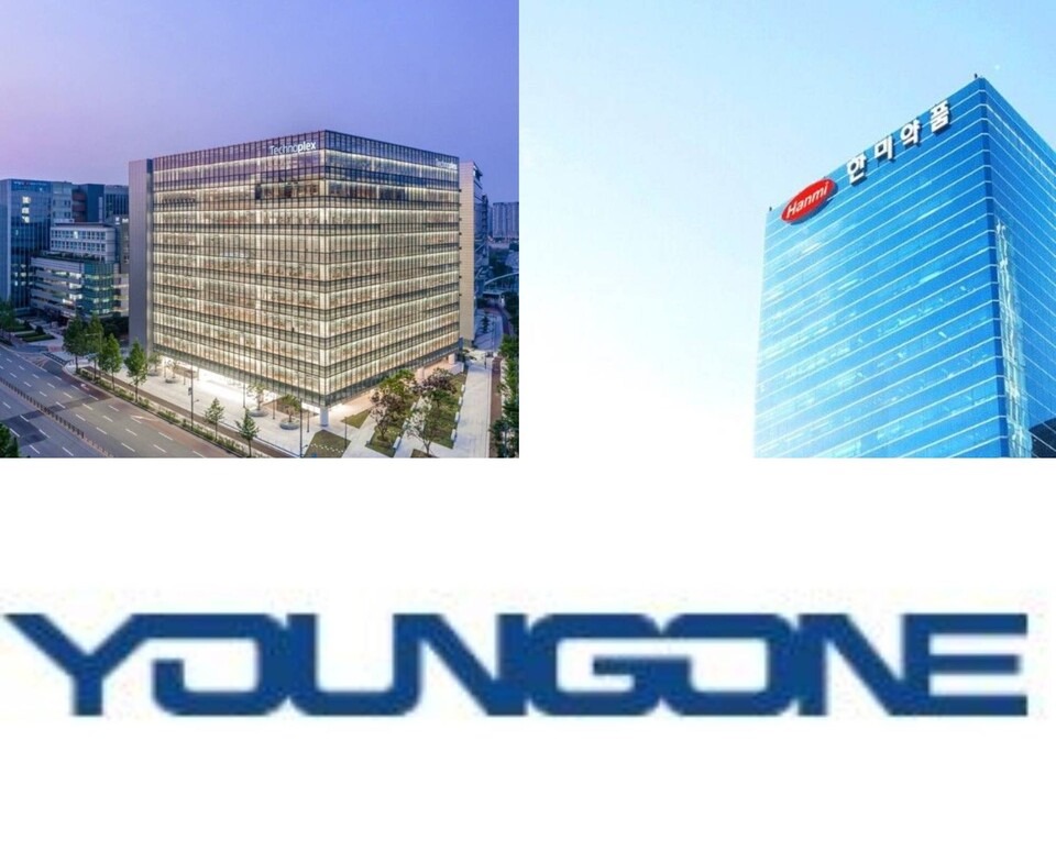 한국앤컴퍼니 본사 테크노플렉스, 한미약품 본사 전경, 영원무역홀딩스 CI / 사진=각 사 제공