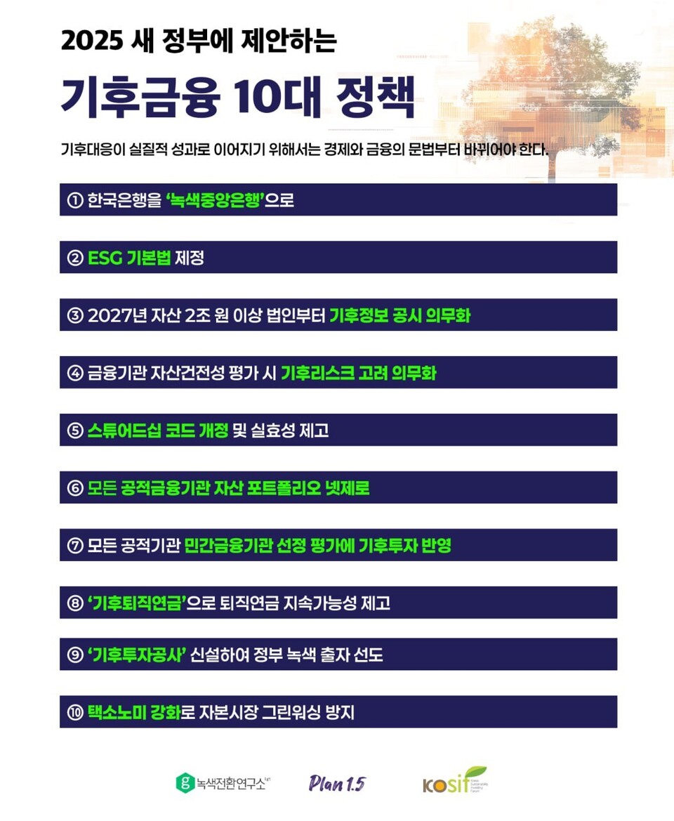 기후 싱크탱크 3곳의 기후금융 10대 정책 제안서 / 사진=한국사회책임투자포럼