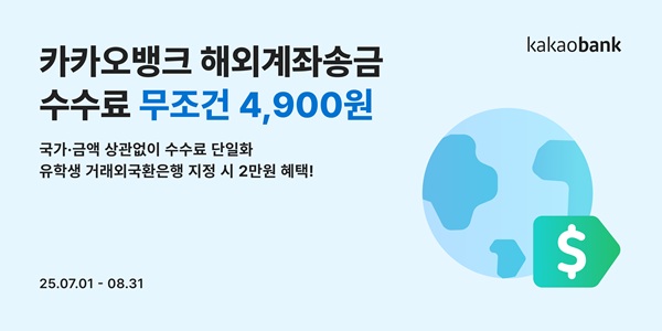 카카오뱅크가 국가나 송금액에 상관없이 ‘해외계좌송금 보내기’ 수수료를 4900원으로 단일화한다고 1일 밝혔다.  /카카오뱅크 제공 