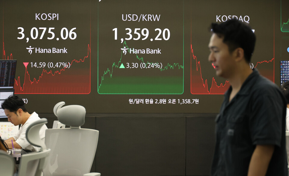 코스피가 2일 외국인의 매도세에 밀려 전 거래일 대비 14.59포인트(0.47%) 내린 3075.06으로 장을 마쳤다. /사진=연합뉴스
