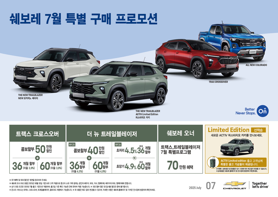 쉐보레, 7월 한정 특별 프로모션과 ‘쿨썸머 무상점검 서비스’를 진행한다./쉐보레