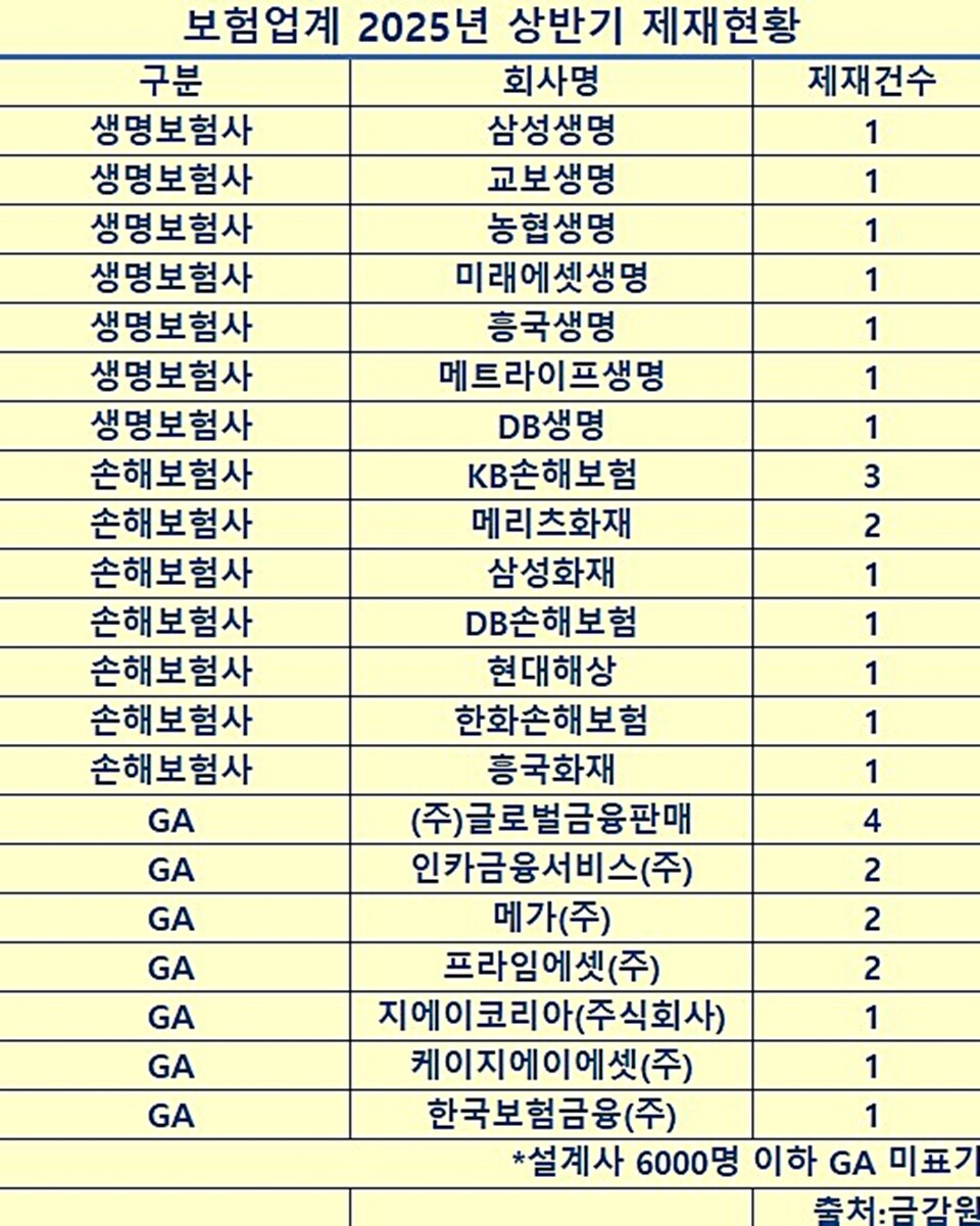 올해 상반기 보험업권 제재환황. 표=이지영 기자