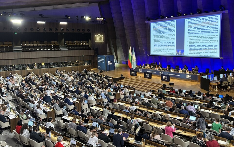 제47차 유네스코 세계유산위원회가 열리고 있는 프랑스 파리 유네스코 본부 회의장. 사진은 지난 13일 열린 회의 모습. 사진=연합뉴스