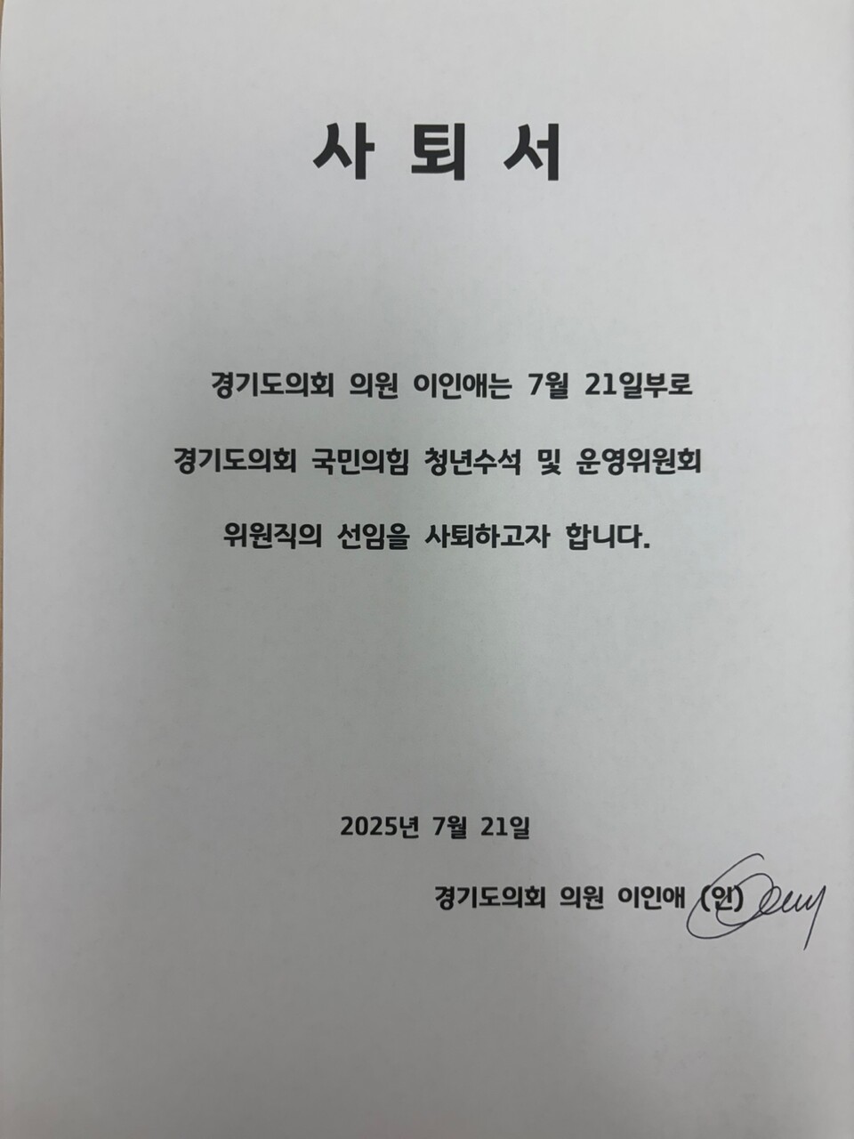 이인애 의원은 21일 발표한 입장문에서 윤리위 징계를 받은 양우식 의원에게 의회운영위원장직 사퇴를 촉구하고, 본인도 청년수석과 의회운영위원직에서 자진 사퇴하겠다고 밝혔다./ 이인애 의원실 제공