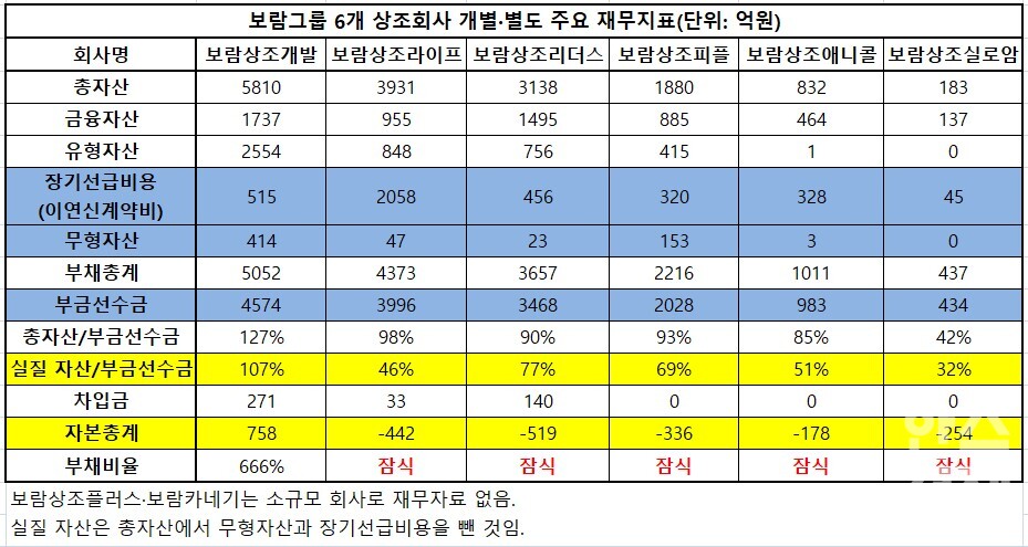 2024년 기준 보람그룹 6개 상조회사 개별·별도 재무지표. 금융자산은 현금및현금성자산·장단기금융상품·장단기대여금·매도가능증권·당기손익-공정가치측정금융자산·기타포괄손익-공정가치측정금융자산·상각후원가금융자산·보증금 등을 합산한 수치임. / 자료=금융감독원, 표=이채연 기자