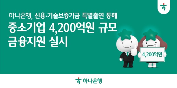 하나은행이 실물경제 회복과 산업경쟁력 강화를 위해 신용보증기금 및 기술보증기금에 107억원을 추가로 특별출연해 4200억원 규모의 금융지원을 실시한다고 밝혔다. /하나은행 제공
