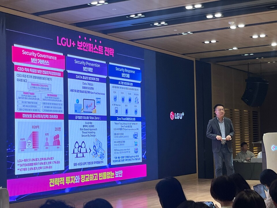 홍관희 LG유플러스 정보보안센터장(CISO)은 서울 용산 사옥에서 LG유플러스의 '보안 퍼스트' 전략을 발표했다./박정현 기자