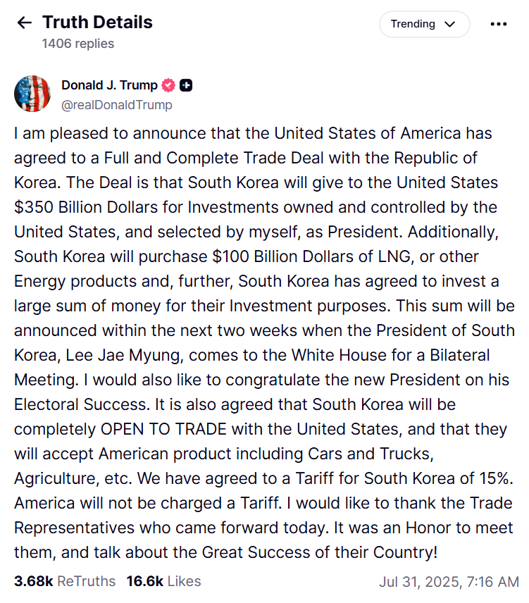 도널드 트럼프 미국 대통령 트루스소셜 캡처