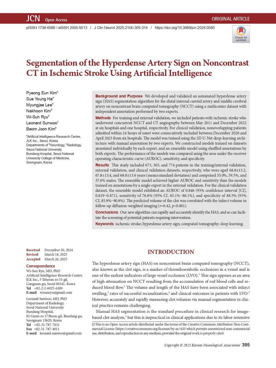 JLK-CTL이 대한신경과학회 공식학술지 'Journal of Clinical Neurology' 최신호에 게재됐다./제이엘케이 제공
