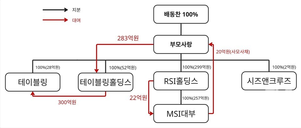부모사랑상조 특수관계자 조직도, 괄호 안 투자액은 실제 투자액 / 그래프=신연수 기자
