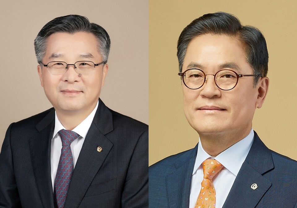 한화생명 임시주주총회와 이사회를 거쳐 신임 대표이사로 선임된 권혁웅 부회장(좌측), 이경근 사장. 사진/한화생명 