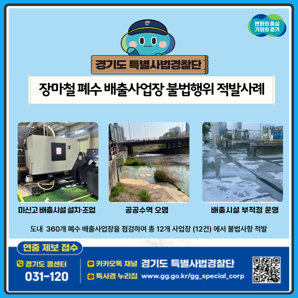 경기도 특별사법경찰단은 장마철을 틈타 빗물에 섞이면 눈에 띄지 않을 것이라는 수법으로 특정수질유해물질과 산업폐수를 불법 배출한 사업장 12곳을 적발했다./ 경기도  제공