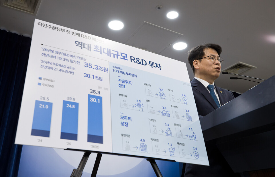 박인규 과학기술정보통신부 과학기술혁신본부장이 22일 오후 서울 종로구 정부서울청사 본관 브리핑룸에서'2026년도 국가연구개발사업 예산 배분조정안' 관련 브리핑을 하고 있다./과학기술정보통신부