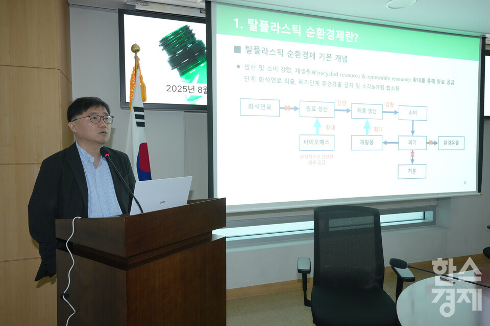 29일 오후 서울 여의도 국회 의원회관에서 탈플라스틱 사회로의 전환을 위한 국회 토론회가 열리고 있다. 홍수열 자원순환사회경제연구소 소장이 일회용 플라스틱 감량 및 재사용 확대 방안을 주제로 발제하고 있다. /최대성 기자 dpdaesung@sporbiz.co.kr 2025.08.28.