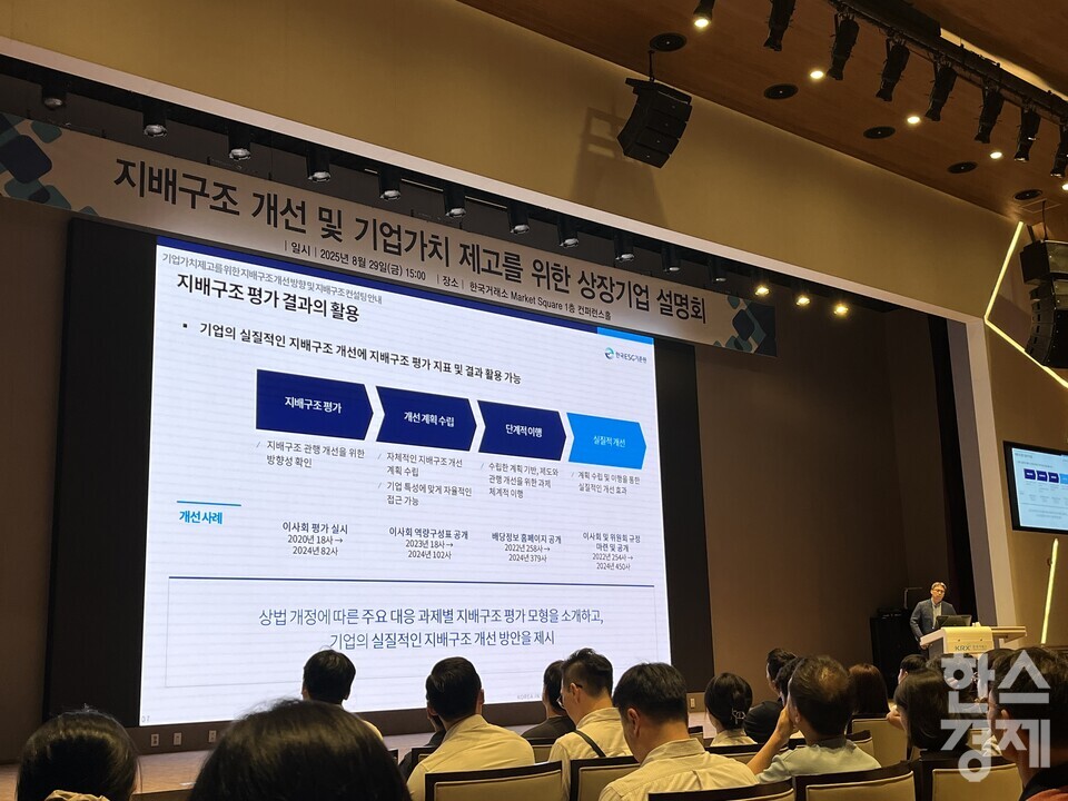 김진성 한국ESG기준원 평가본부장이 29일 한국거래소에서 열린 '지배구조 개선 및 기업가치 제고를 위한 상장법인 설명회'에서 발표하고 있다. /사진=김유진 기자