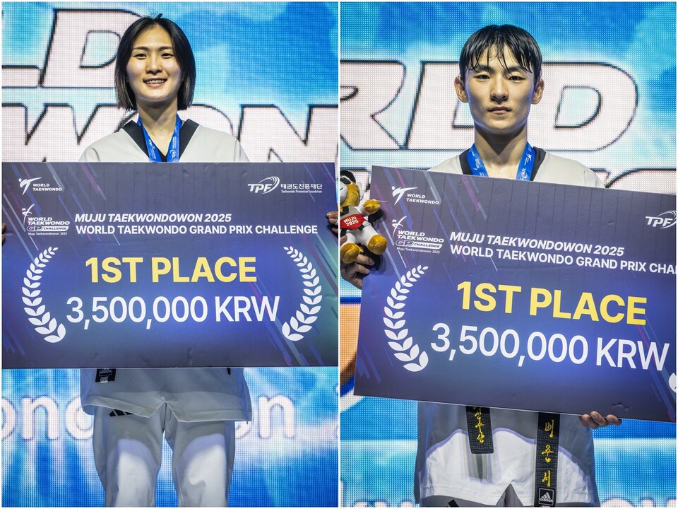 이예지(왼쪽)와 배준서가 무주 그랑프리 챌린지 시상식에서 우승 기념 포즈를 취하고 있다. /세계태권도연맹 제공