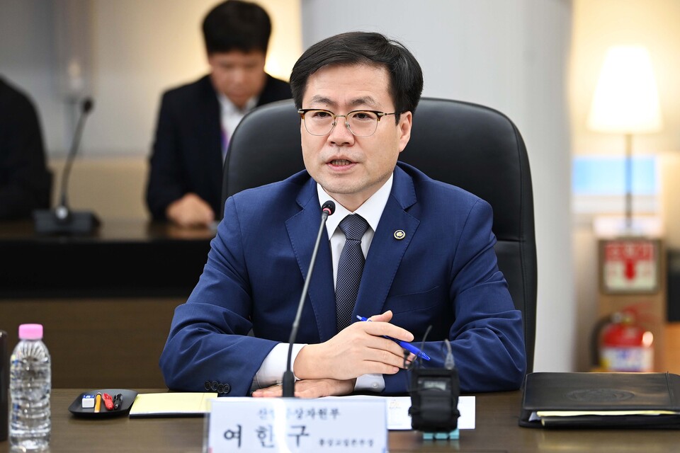 여한구 산업통상자원부 통상교섭본부장이 지난달 13일 서울 서초구 코트라 회의실에서 미국 관세 영향 기업 현장 간담회를 하고 있다./산업통상자원부
