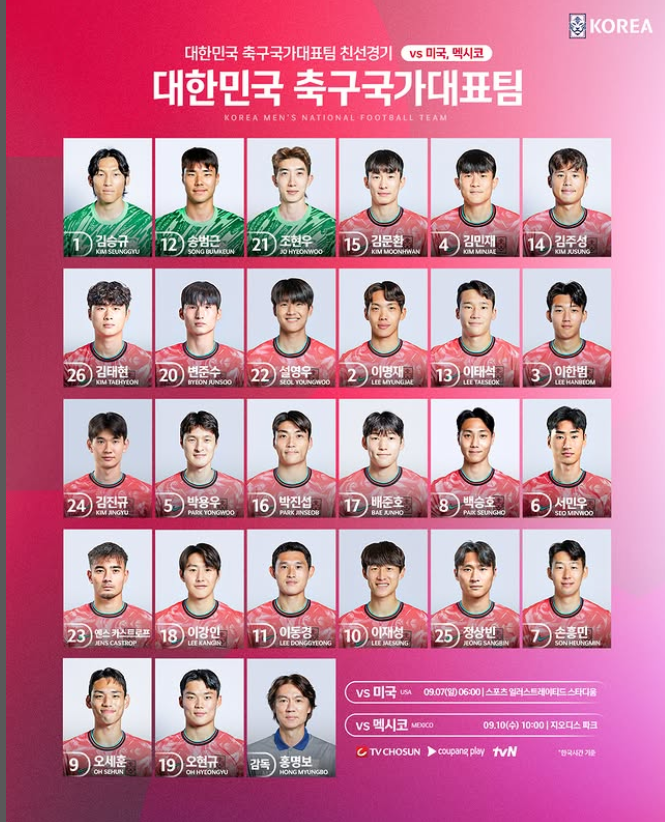 대한민국 축구 국가대표팀 선수단의 9월 A매치 등번호. /대한축구협회 인스타그램 갈무리