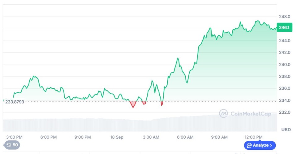18일 코인마켓캡에 따르면 오후 2시 7분 기준 솔라나 시세가 246달러로 급등하고 있다. / 코인마켓캡