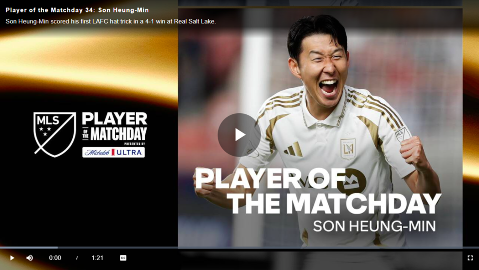  34라운드 ‘플레이어 오브 더 매치데이’(이주의 선수)에 선정된 손흥민. /MLS 홈페이지