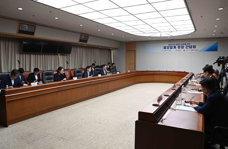 김정관 산업통상자원부 장관이 19일 경북 포항시 포스코 본사에서 열린 포항 철강업계 간담회를 주재하고 있다./산업통상자원부