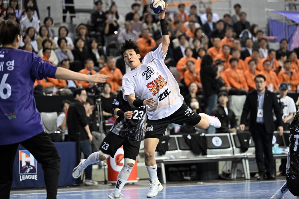 신한 SOL 페이 2024-2025 핸드볼 H리그 여자부 챔프전 SK슈글즈와 삼척시청 경기 모습. /한국핸드볼연맹 제공