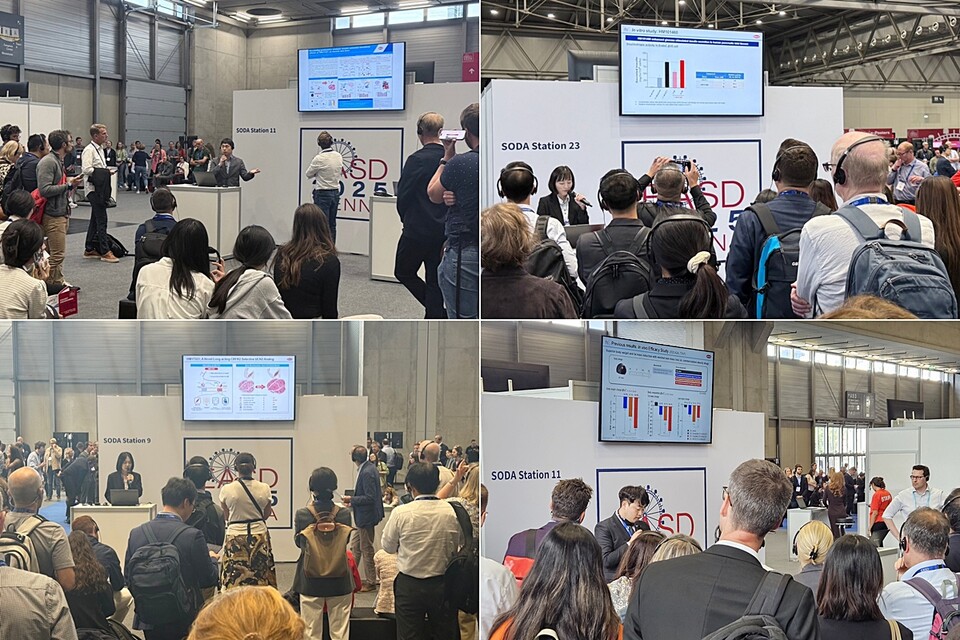 한미약품 R&D센터 연구원들이 오스트리아 비엔나에서 열린 유럽당뇨병학회(EASD 2025)에서 차세대 비만치료 삼중작용제 HM15275와 신개념 비만치료제 HM17321, 경구용 비만치료제 HM101460의 주요 연구 내용을 토대로 참석자들에게 설명하고 있다. /한미약품 제공