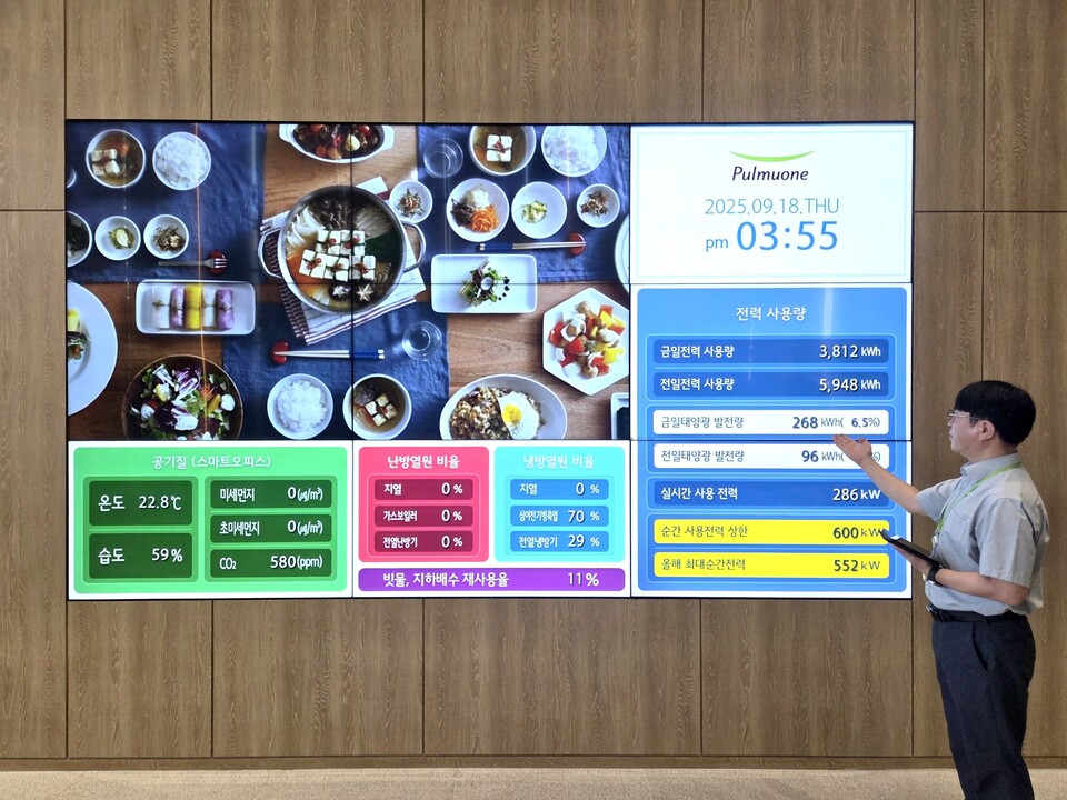 풀무원기술원 담당자가 기술원 로비에 설치된 에너지 사용 현황판을 소개하고 있다./LG전자