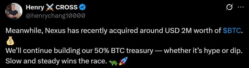장현국 넥써쓰 대표가 X(옛 트위터)를 통해 5:5 비트코인 트레저리 전략의 일환으로 200만달러(약 28억원) 규모의 비트코인을 추가 매입했다고 밝혔다./장현국 넥써쓰 대표  X 플랫폼