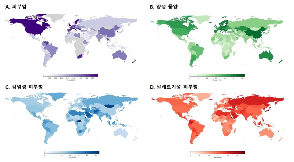 연구팀이 npj Digital Medicine에 공개한 피부질환별 세계 지도./분당서울대병원 제공
