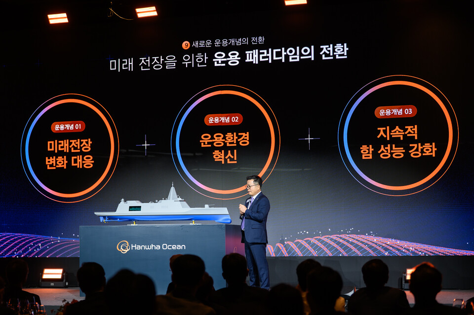 한화오션 특수선사업부가 지난 14일 개최한 ‘제3회 차세대 함정 기술 연구회’에서 어성철 사장이 ‘차세대 전략 수상함’ 모형을 공개하고 있다./한화오션