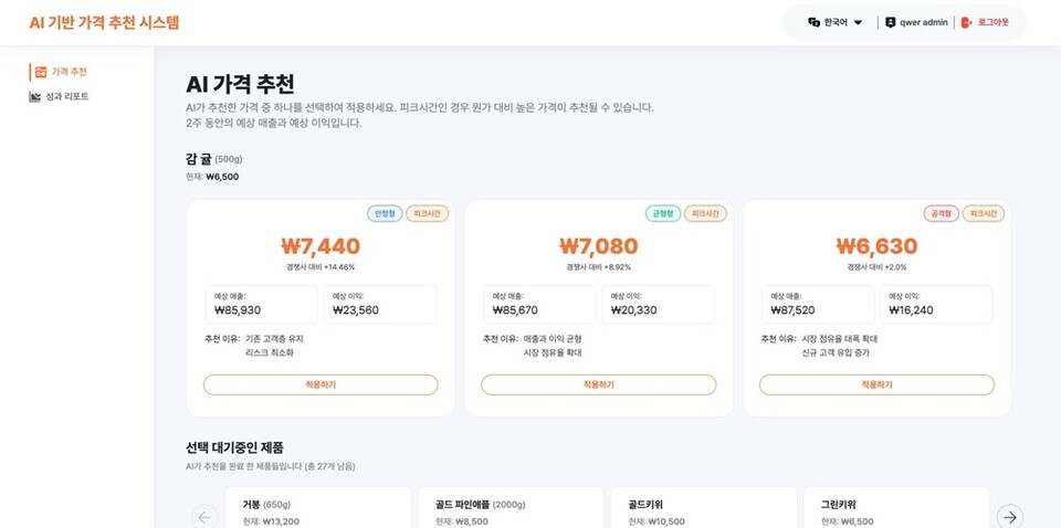 애즈위메이크가 솔루엠과 협업 계약을 체결하고 매장 가격 자동화와 광고 수익화(RMN)를 통합 적용하는 프로젝트를 본격화했다. 다이나믹 프라이싱 대시보드. /애즈위메이크
