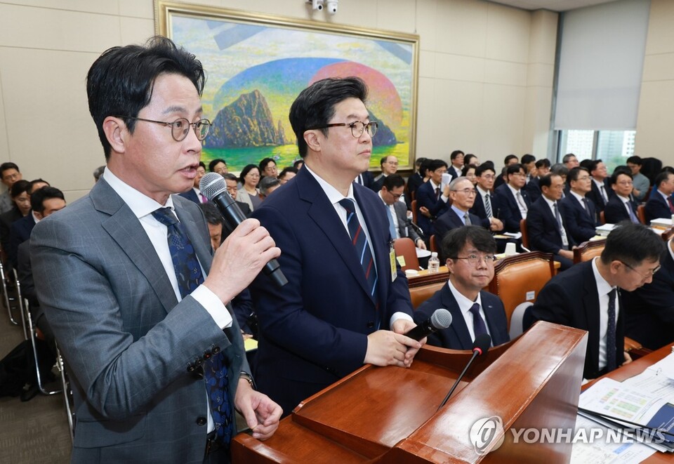 조좌진 롯데카드 대표이사(왼쪽)가 14일 서울 영등포구 여의도 국회에서 열린 공정거래위원회, 개인정보보호위원회 등에 대한 정무위원회 국정감사에 증인으로 출석, 의원 질의에 답하고 있다. / 연합뉴스