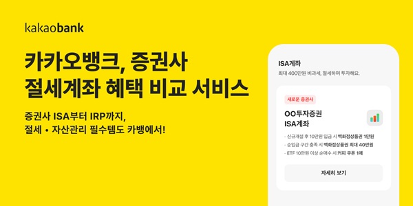 카카오뱅크가 증권사 개인종합자산관리계좌(ISA)와 개인형 퇴직연금(IRP) 상품 혜택을 한눈에 비교할 수 있는 '증권사 절세계좌 혜택 비교 서비스'를 출시했다고 21일 밝혔다. /카카오뱅크 제공