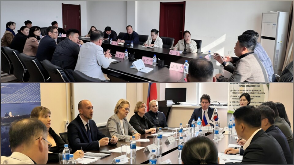 지난22일 춘시외사판공실 업무회의 모습(상), 지난 24일 블라디보스토크시청 공식회의 모습(하). 사진=부산시