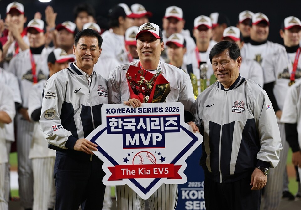 김현수가 한국시리즈 MVP로 선정돼 포즈를 취하고 있다. /연합뉴스