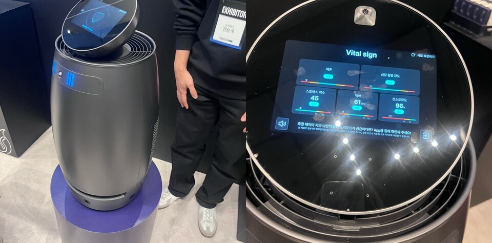 SK인텔릭스 나무엑스. 자율주행 및 100% 음성 컨트롤 기반 에어 솔루션, 비접촉식 바이털 사인 등 AI 기술을 집약했다. (우)는 기자얼굴을 분석해 나우엑스가 바이탈 사인을 해석한 것./박정현 기자 