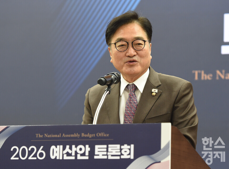 우원식 국회의장이 3일 서울 여의도 국회 의원회관에서 열린 2026년도 예산안 토론회에서 격려사를 하고 있다./ 이호형 기자 leemario@sporbiz.co.kr 2025.11.03