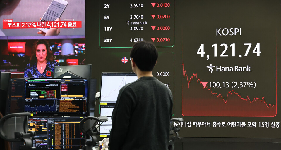 코스피가 4일 전장보다 100.13포인트(2.37%) 내린 4121.74로 장을 마쳤다. /사진=연합뉴스