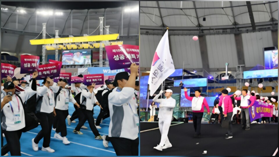 '제106회 전국체육대회' 선수단 입장 모습(좌측), '제45회 전국장애인체육대회' 선수단 입장 모습(우측). 사진=부산시