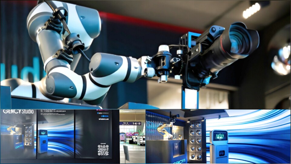 ㈜스튜디오랩은 지능형 촬영 로봇(위쪽) ‘젠시 스튜디오(아래쪽 내외부 모습)’로 공간 컴퓨팅(XR & Spatial Computing) 분야에서 기술력과 대중성을 인정받아, CES 3년 연속 수상(최고혁신상 2회·혁신상 1회)이라는 기록을 달성했다. 사진=부산시